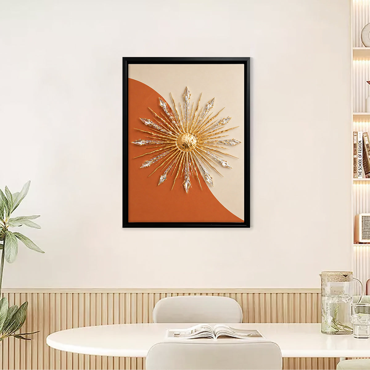Modern Sunburst Wall Art, Gold & Crystal Accents, Framed Decor for Living Room or Office