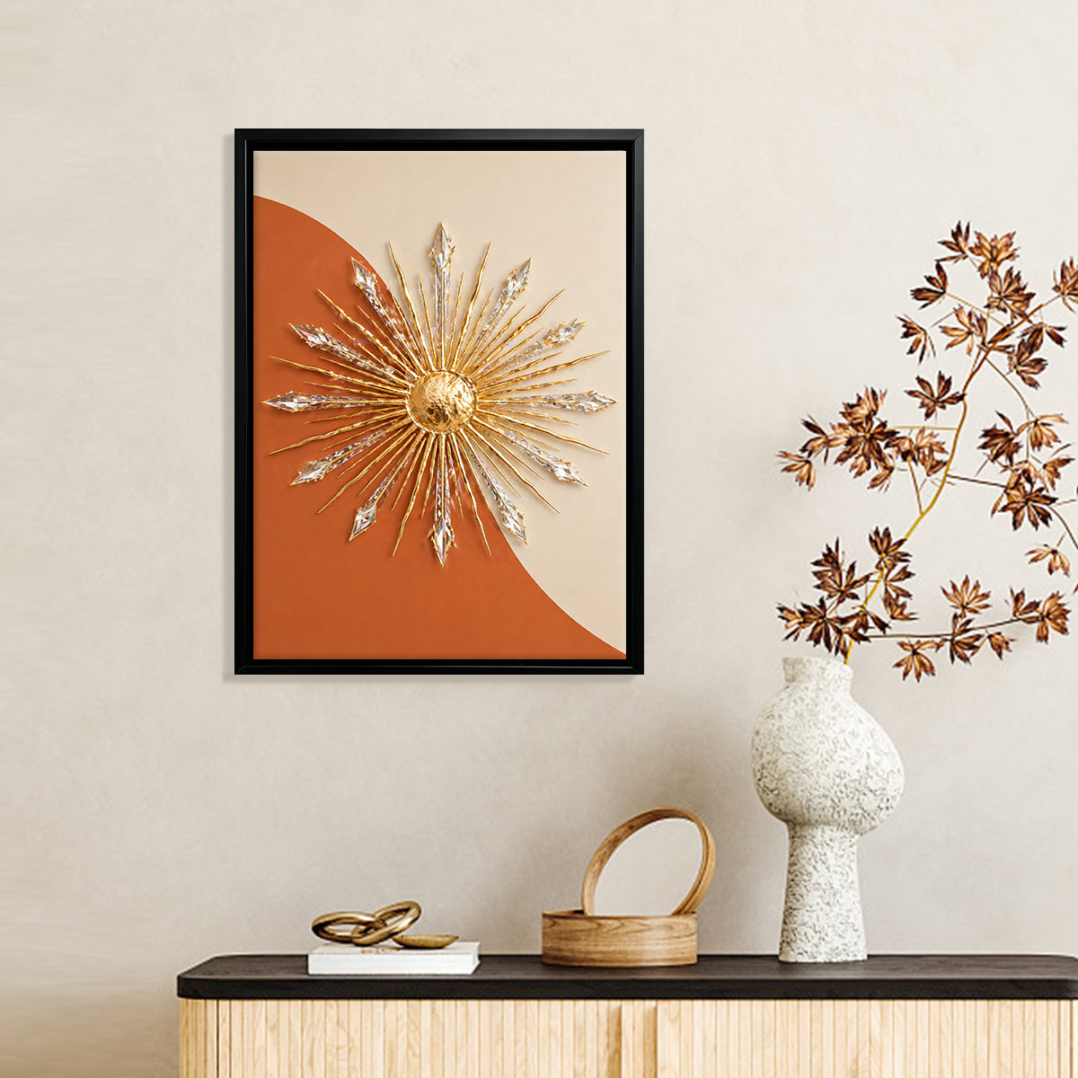 Modern Sunburst Wall Art, Gold & Crystal Accents, Framed Decor for Living Room or Office