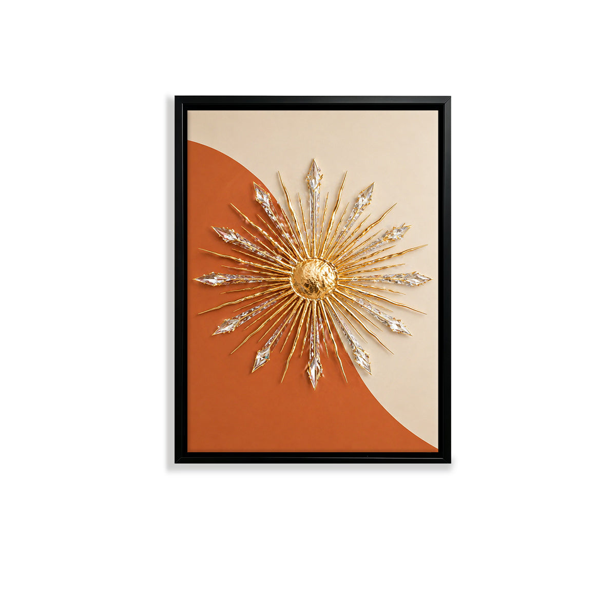 Modern Sunburst Wall Art, Gold & Crystal Accents, Framed Decor for Living Room or Office