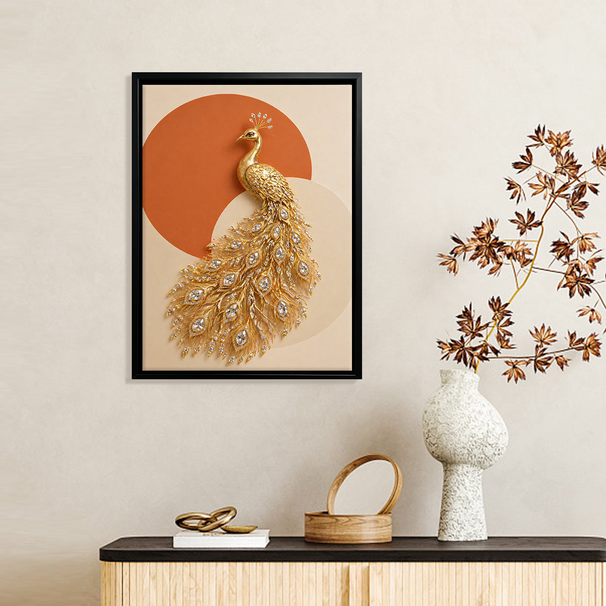 Elegant Golden Peacock Wall Art, Modern Luxury Decor with Crystal Accents, Perfect for Living Room or Office