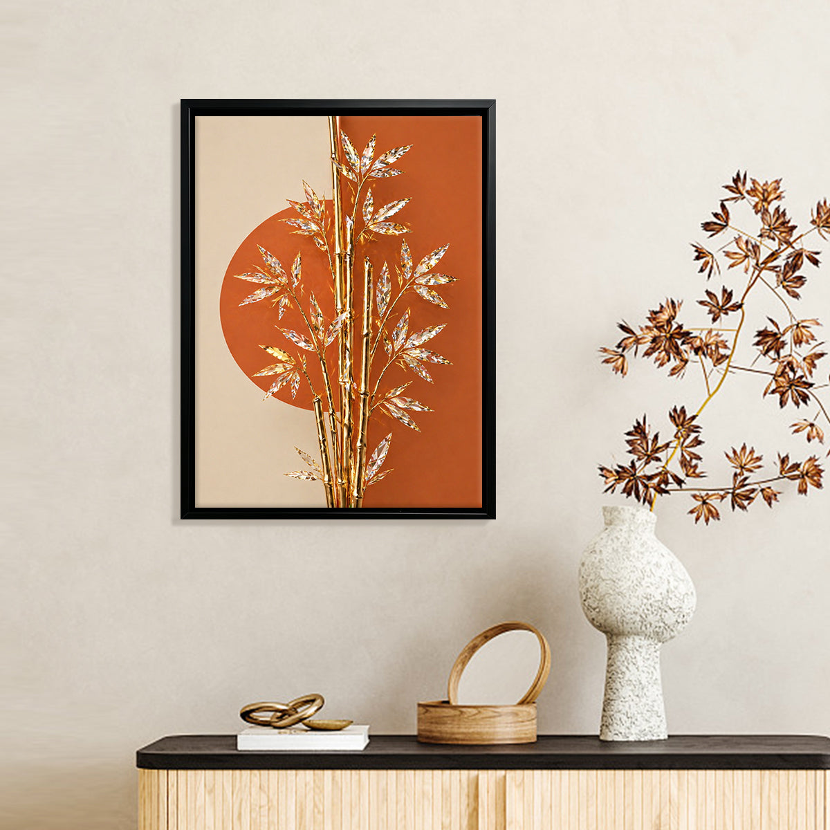 Modern Golden Bamboo Wall Art Print, Abstract Design, High-Quality Matte Finish, Perfect for Home Decor in California