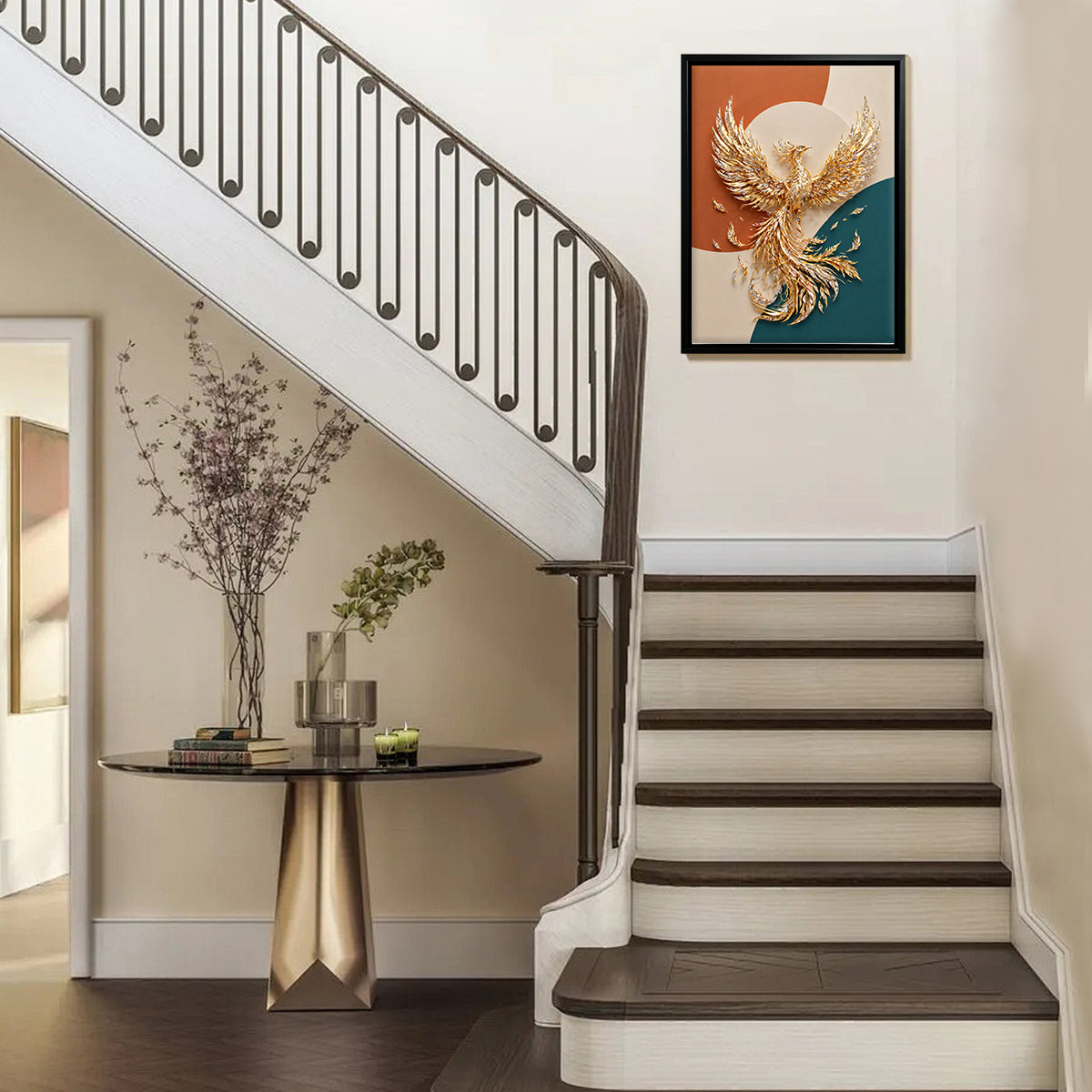 Framed Golden Phoenix Wall Art, Modern Abstract Design, High-Quality Craftsmanship, Perfect for Home Decor in New York