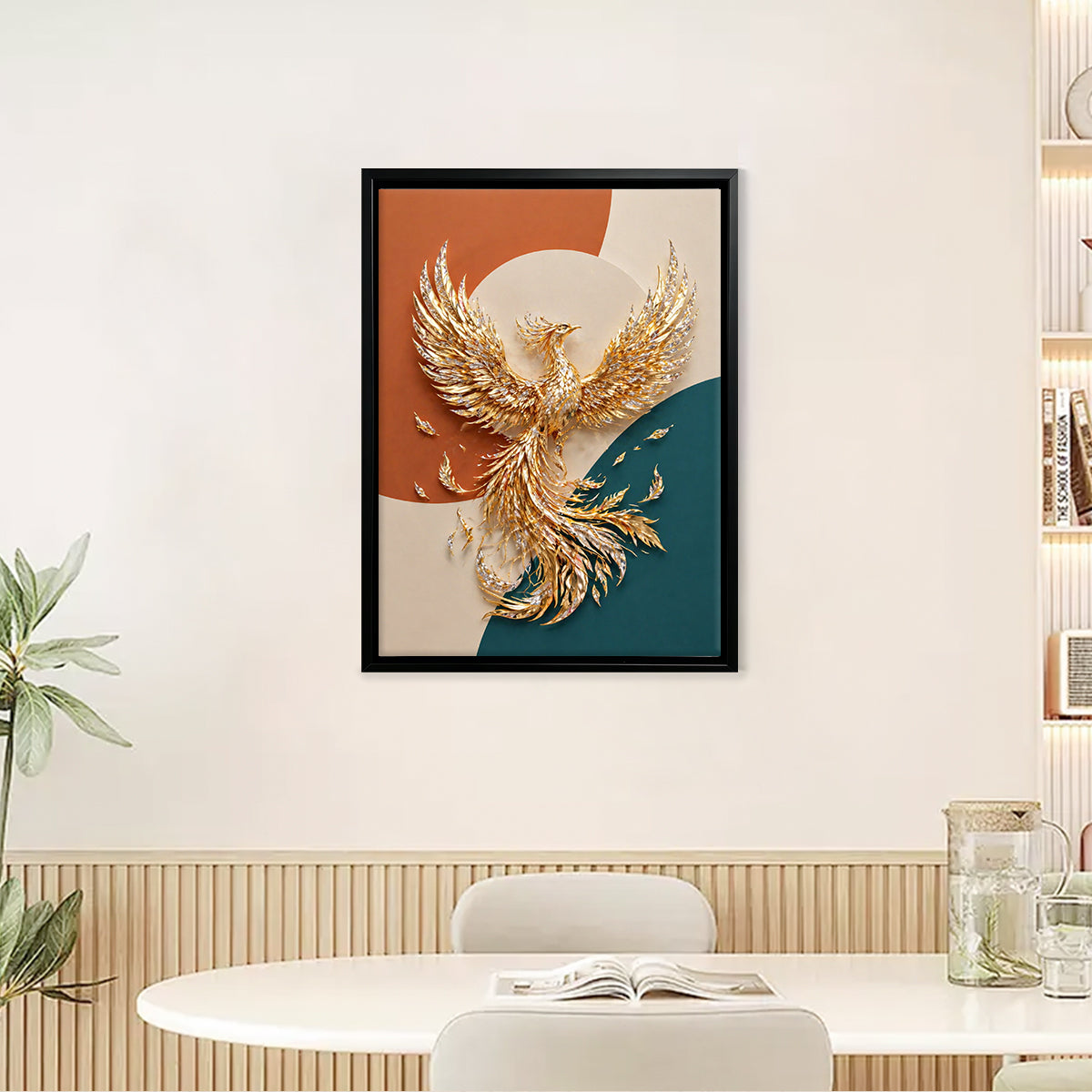 Framed Golden Phoenix Wall Art, Modern Abstract Design, High-Quality Craftsmanship, Perfect for Home Decor in New York