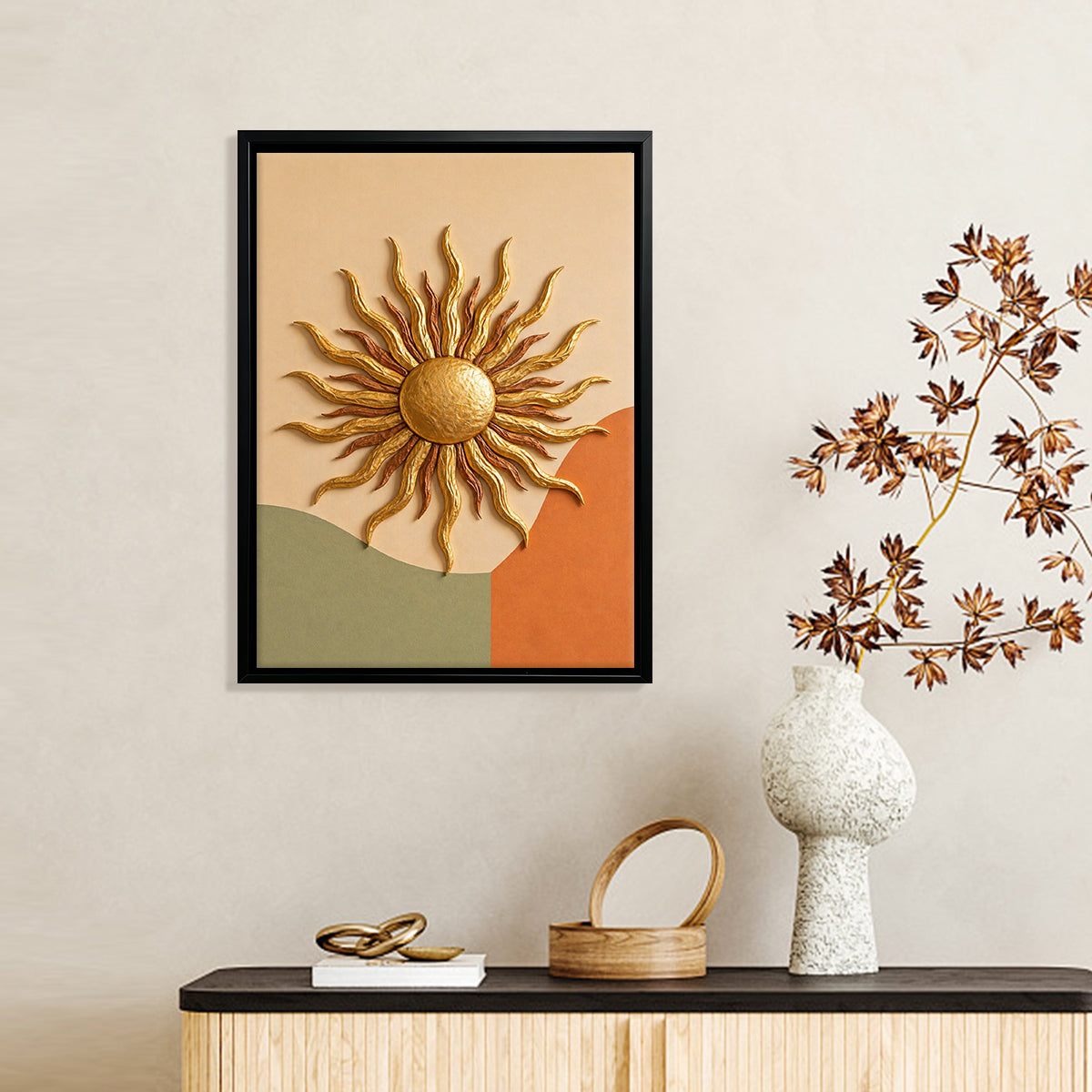 Abstract Sunburst Wall Art, Modern Canvas Painting with Gold Accents, Perfect for Home Decor in Any Room