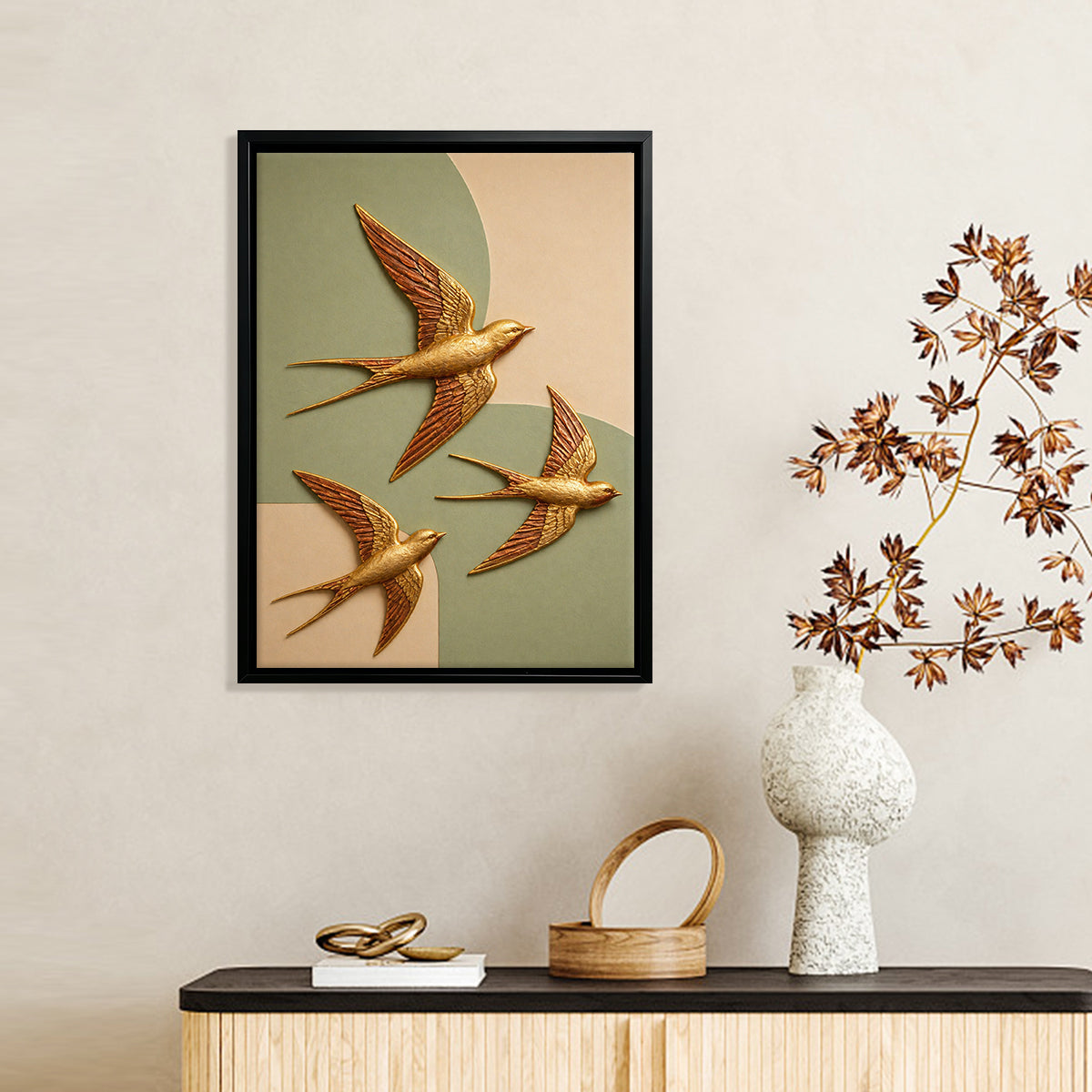 Elegant Golden Swallows Framed Wall Art, Modern Abstract Design, High-Quality Resin Craft, Perfect Home Decor for Any Room