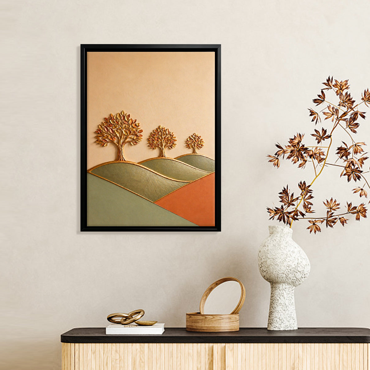 Framed Art Print with Golden Trees Landscape, Modern Abstract Design, High-Quality Material for Home Decor