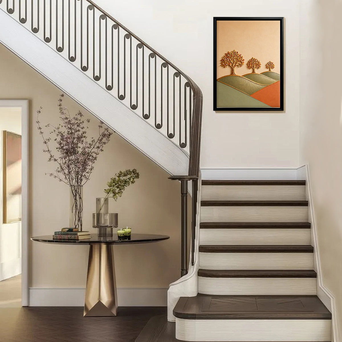 Framed Art Print with Golden Trees Landscape, Modern Abstract Design, High-Quality Material for Home Decor