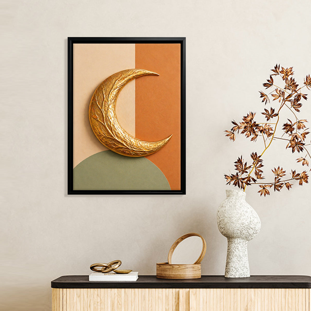 Modern Golden Crescent Moon Wall Art, Abstract Design, High-Quality Framed Canvas, Perfect for Living Room or Bedroom Decor