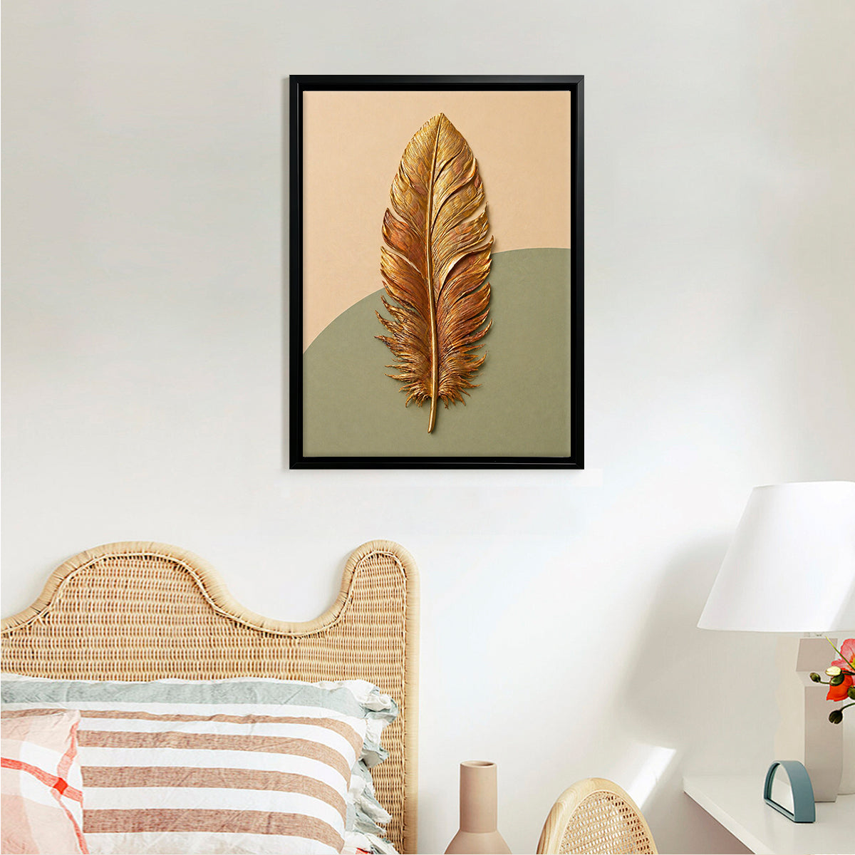 Framed Gold Feather Wall Art, Modern Decor, 3D Texture, Perfect for Living Room or Bedroom in Any State