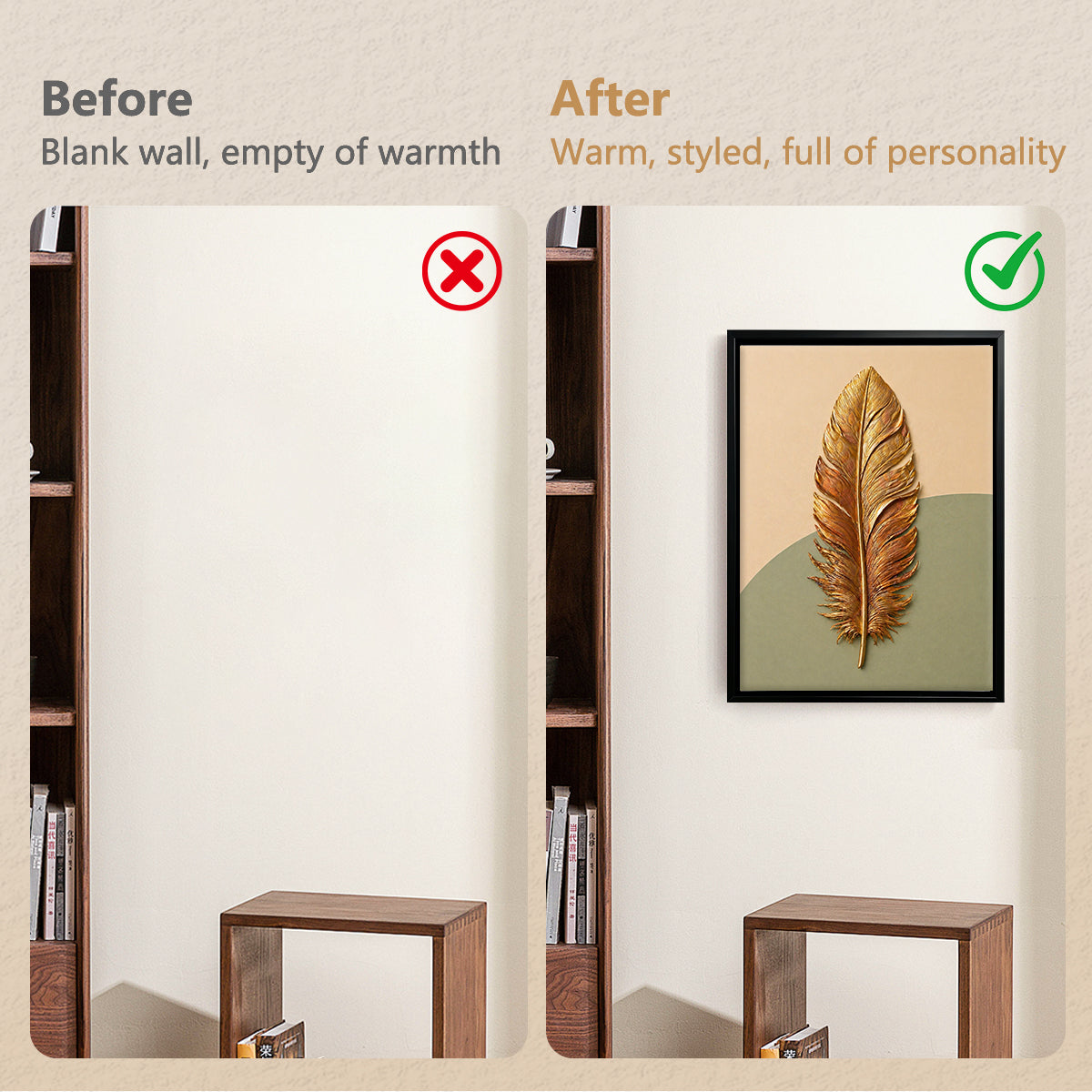 Framed Gold Feather Wall Art, Modern Decor, 3D Texture, Perfect for Living Room or Bedroom in Any State