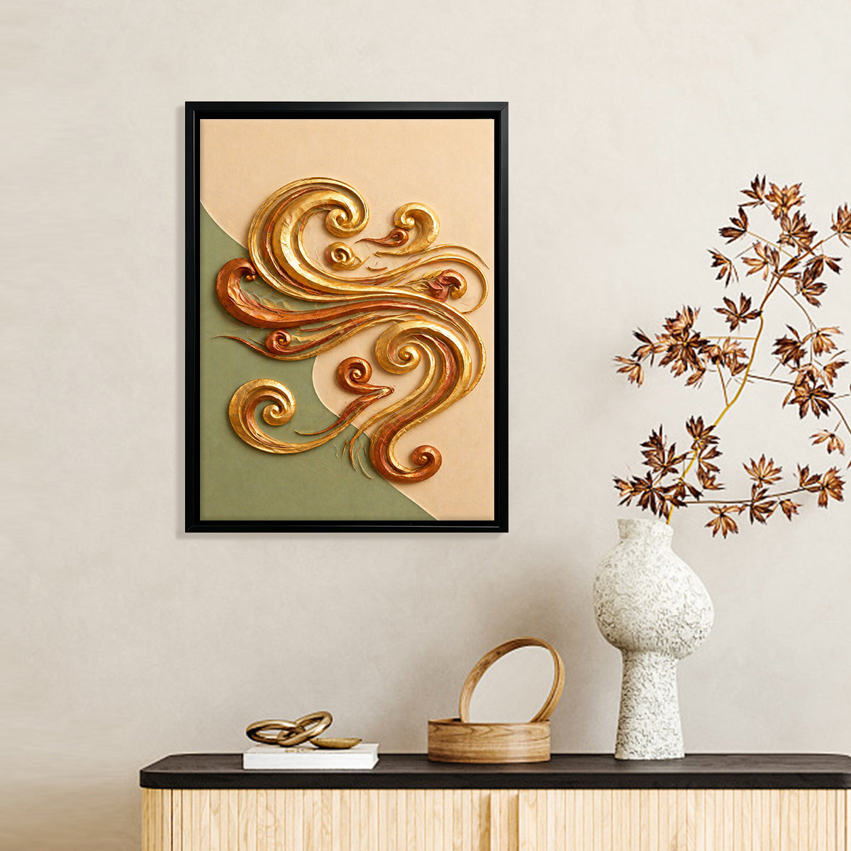 Abstract Golden Waves Framed Art Print, Modern Home Decor, High-Quality Matte Finish, Perfect for Living Room or Office
