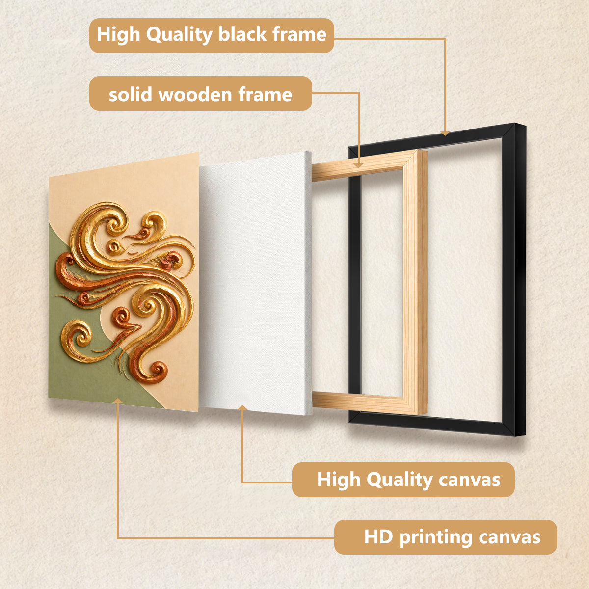 Abstract Golden Waves Framed Art Print, Modern Home Decor, High-Quality Matte Finish, Perfect for Living Room or Office