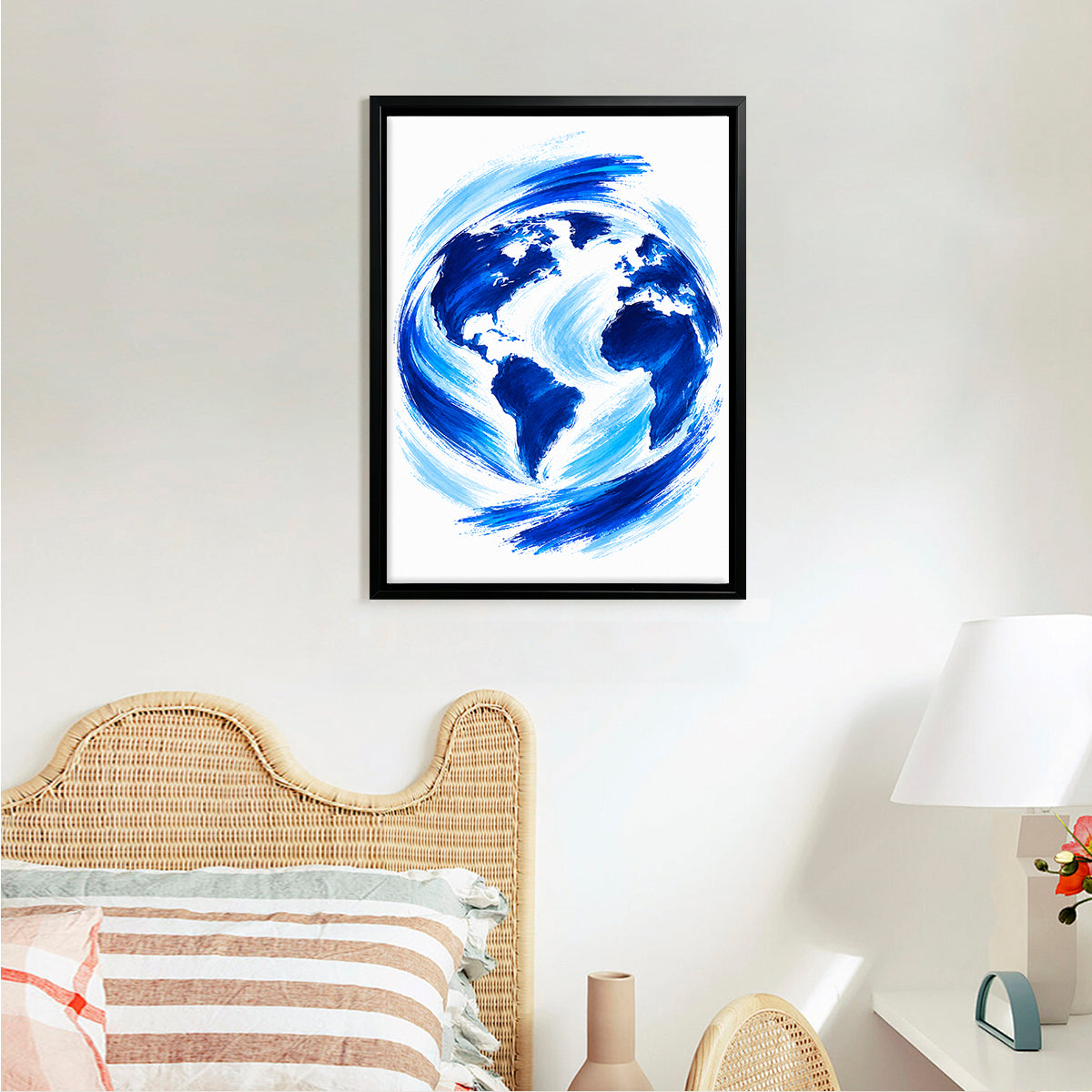 Framed Earth Globe Art Print, Blue Brushstroke Style, Perfect for Home Decor or Office, Made in California