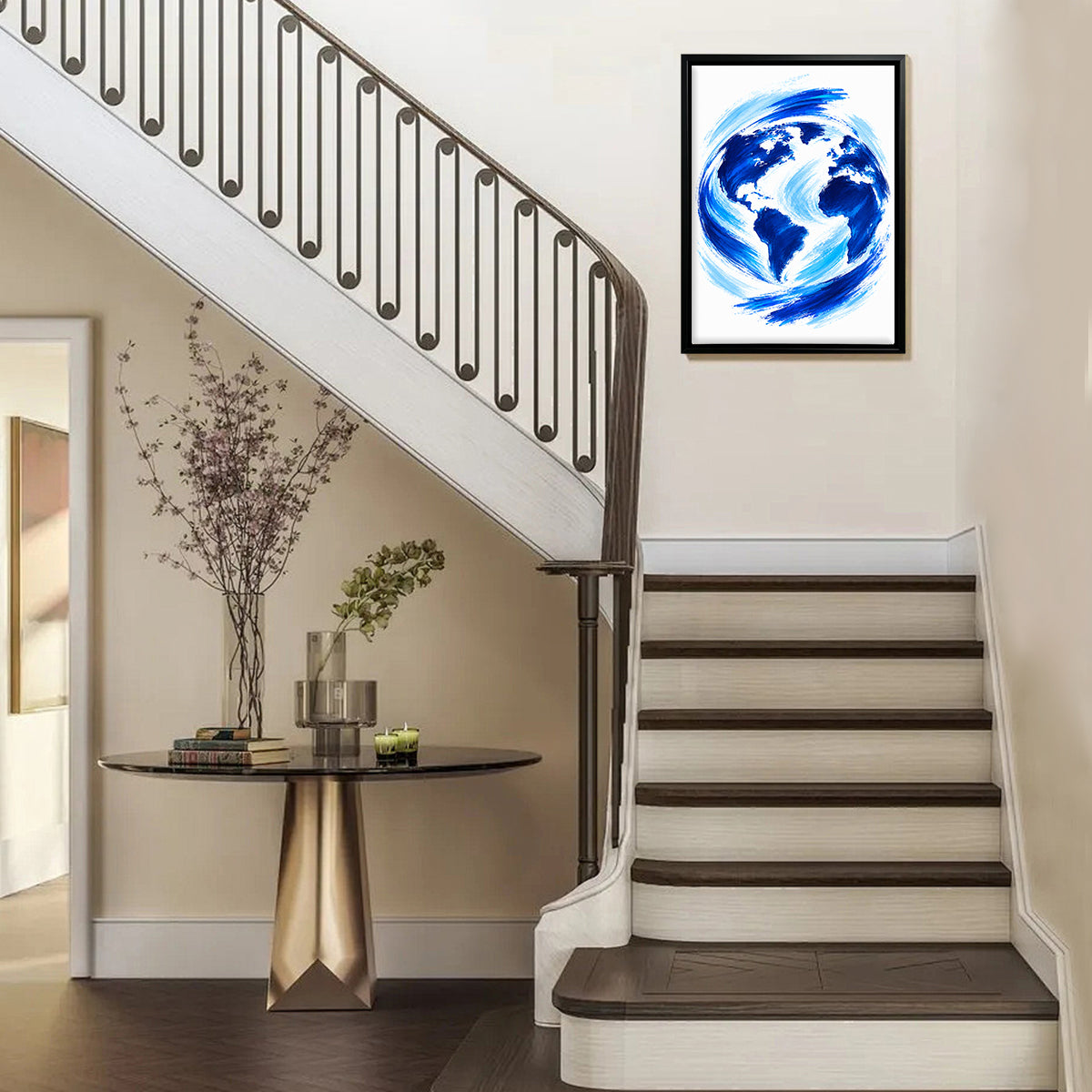 Framed Earth Globe Art Print, Blue Brushstroke Style, Perfect for Home Decor or Office, Made in California