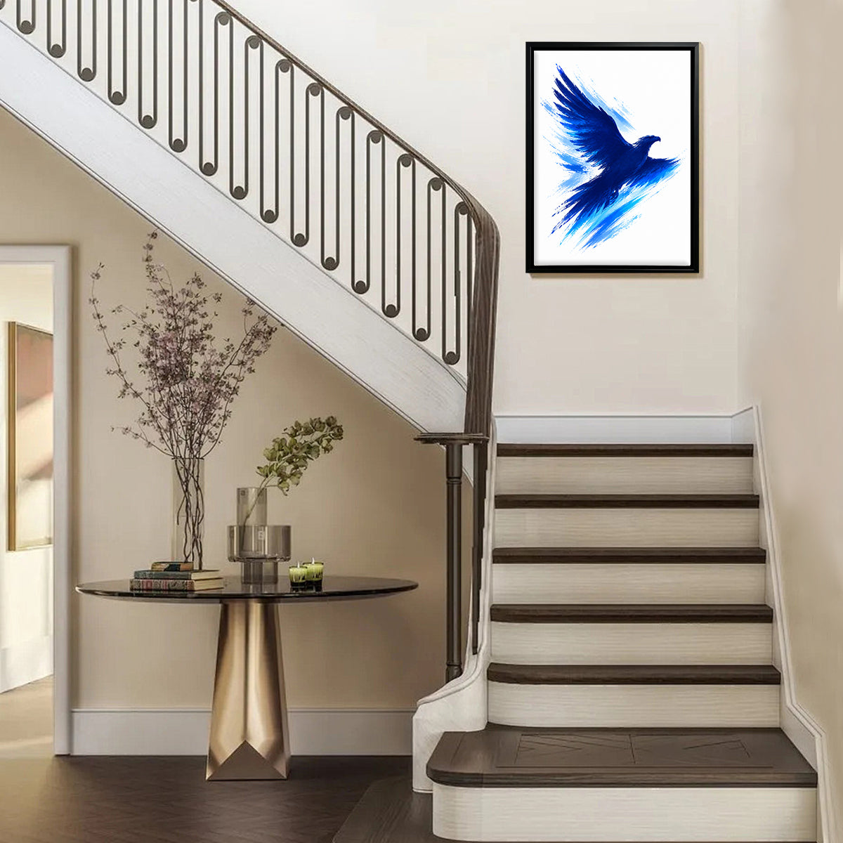 Framed Blue Eagle Art Print, Abstract Brushstroke Design, High-Quality Matte Finish, Perfect Home Decor for Living Room or Office