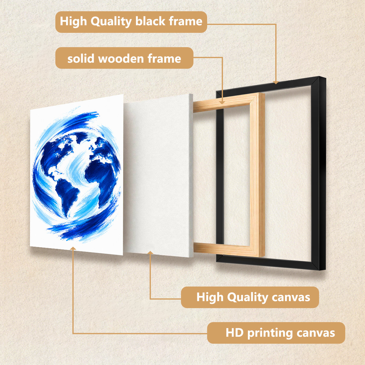 Framed Earth Globe Art Print, Blue Brushstroke Style, Perfect for Home Decor or Office, Made in California