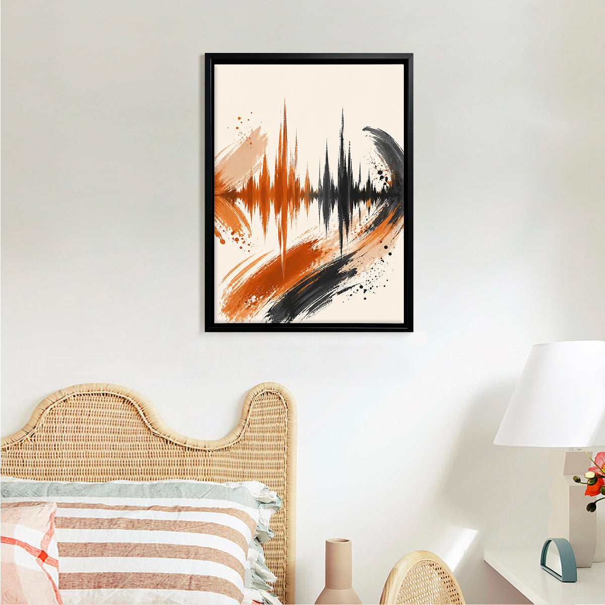 Abstract Sound Wave Art Print in Black Frame, Vibrant Orange and Black Design, Perfect Home Decor for Living Room or Office