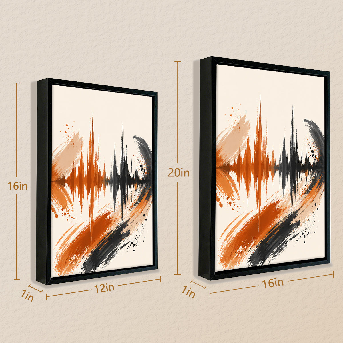 Abstract Sound Wave Art Print in Black Frame, Vibrant Orange and Black Design, Perfect Home Decor for Living Room or Office