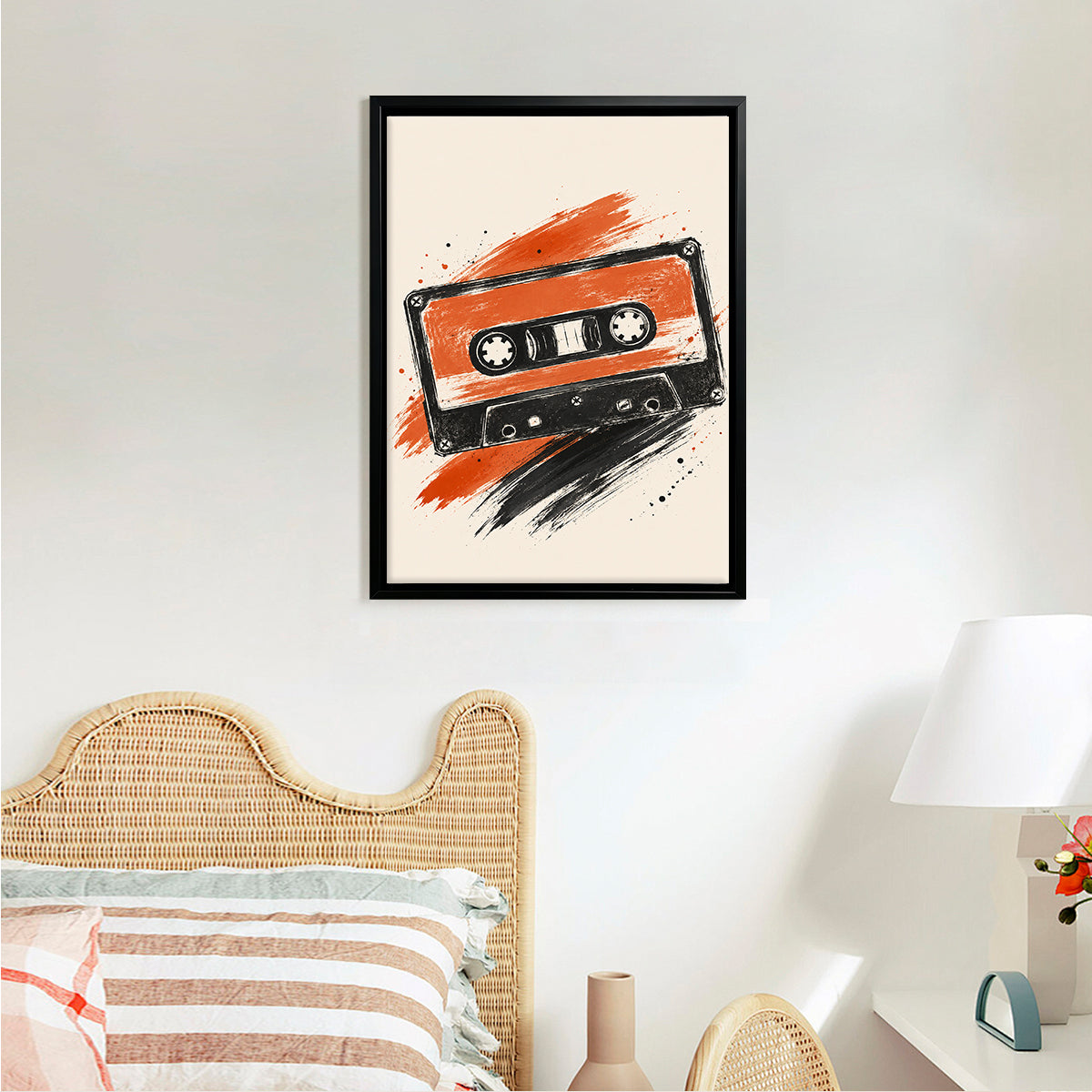 Framed Retro Cassette Tape Art Print, Vibrant Orange and Black Design, Perfect Home Decor for Music Lovers