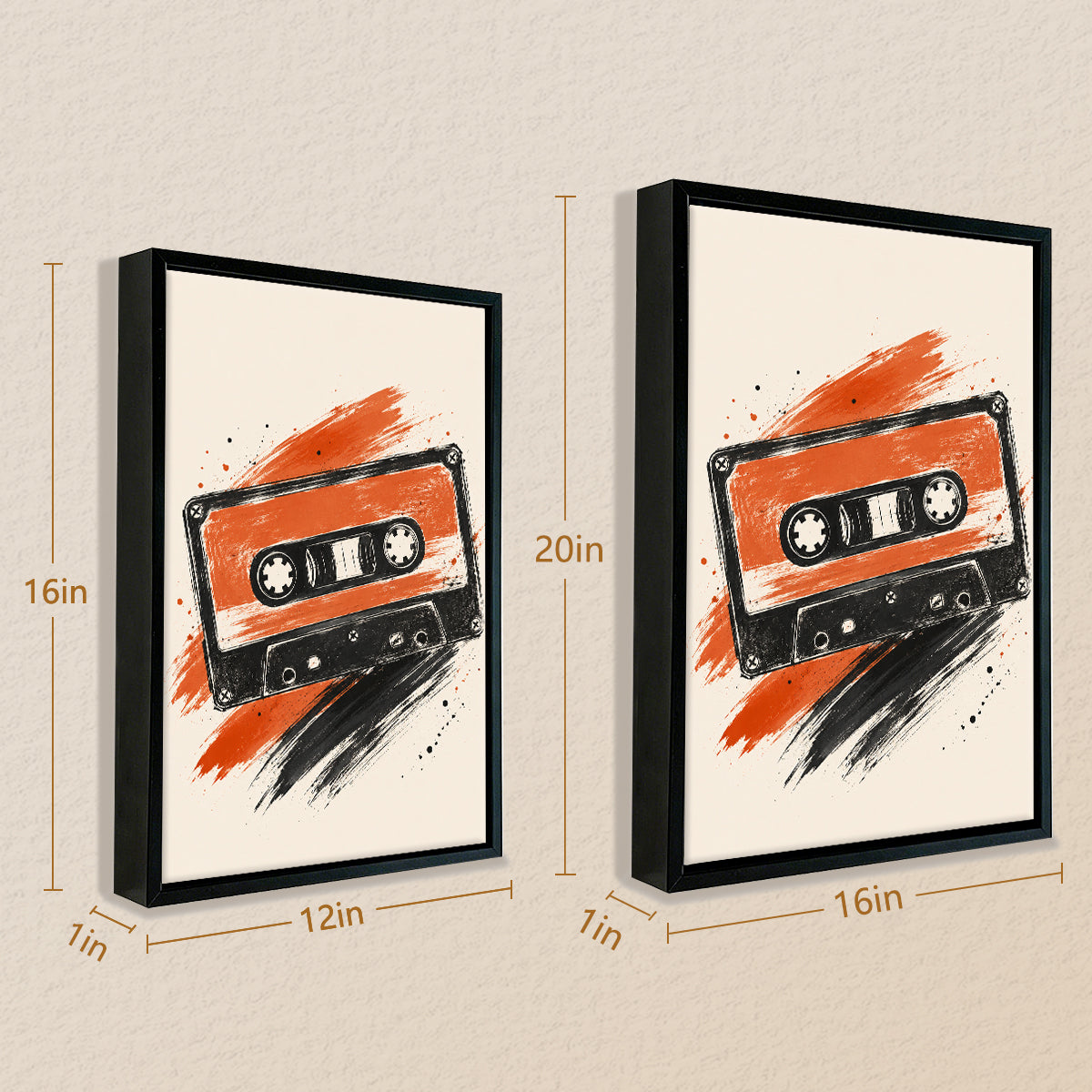 Framed Retro Cassette Tape Art Print, Vibrant Orange and Black Design, Perfect Home Decor for Music Lovers