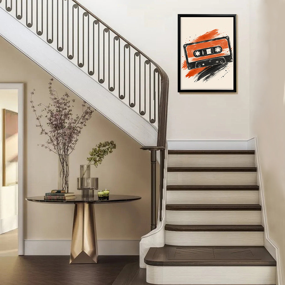 Framed Retro Cassette Tape Art Print, Vibrant Orange and Black Design, Perfect Home Decor for Music Lovers