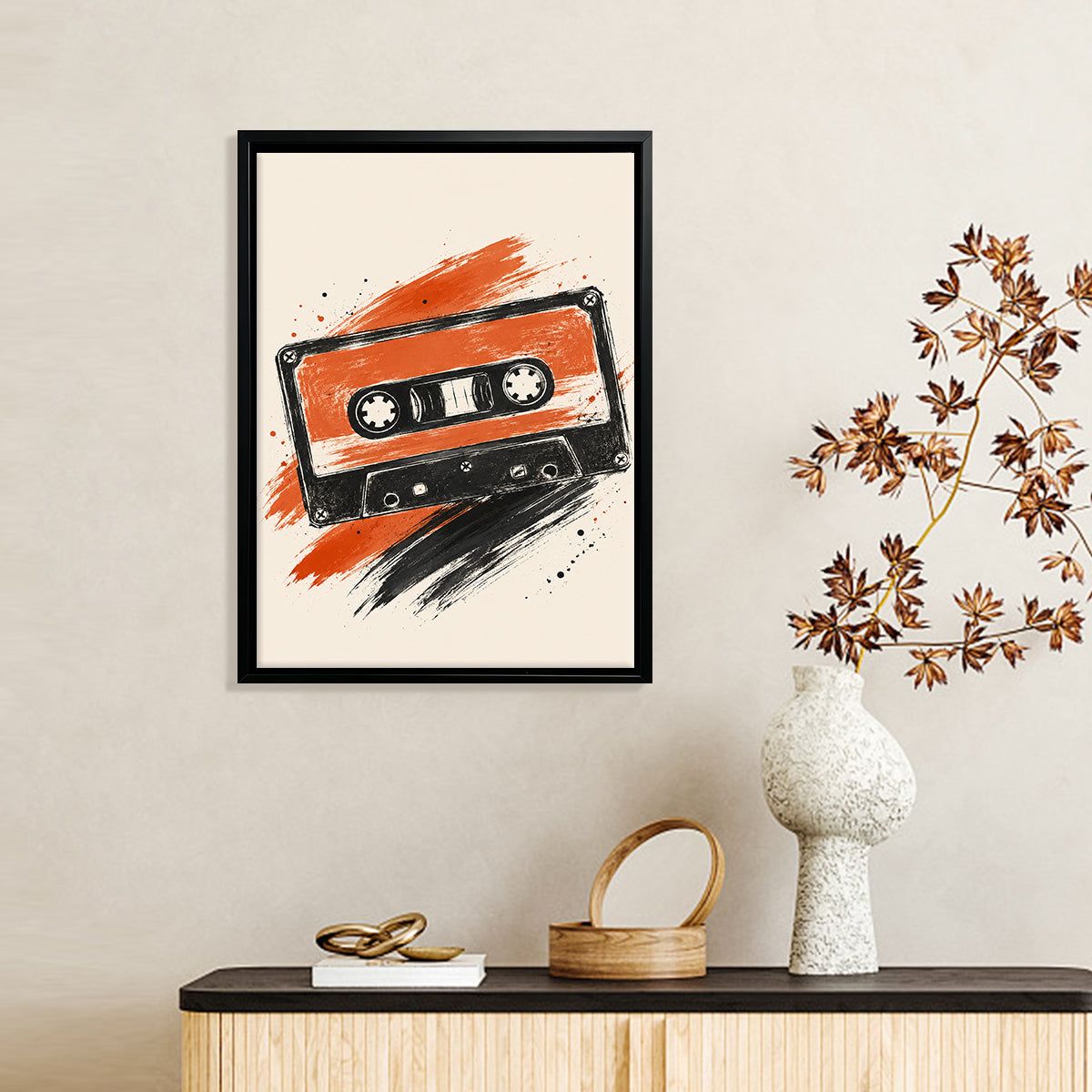 Framed Retro Cassette Tape Art Print, Vibrant Orange and Black Design, Perfect Home Decor for Music Lovers