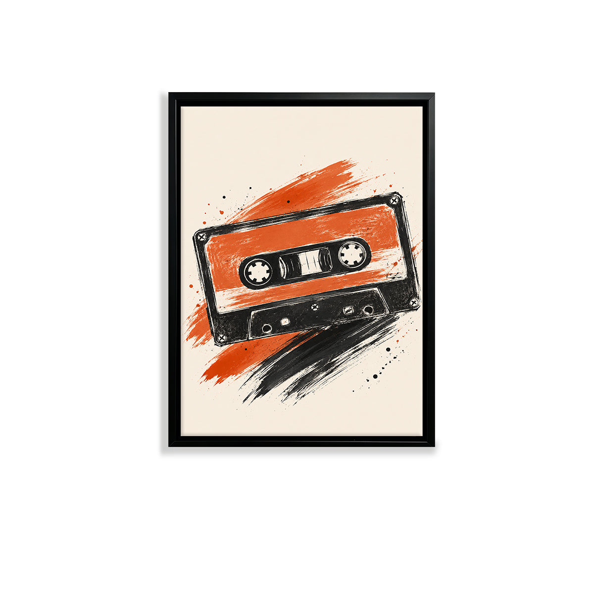 Framed Retro Cassette Tape Art Print, Vibrant Orange and Black Design, Perfect Home Decor for Music Lovers