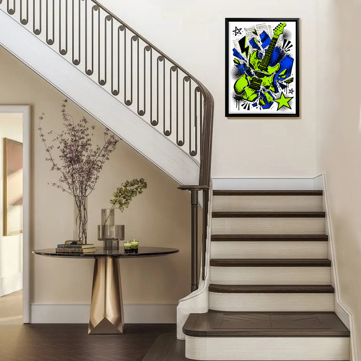 Framed Electric Guitar Art Print, Vibrant Blue and Green Design, Perfect Home Decor for Music Lovers