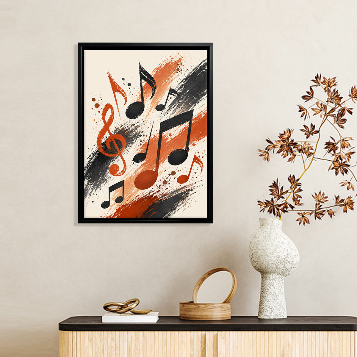 Framed Musical Notes Art Print, Abstract Black and Orange Design, Perfect Home Decor for Any Room