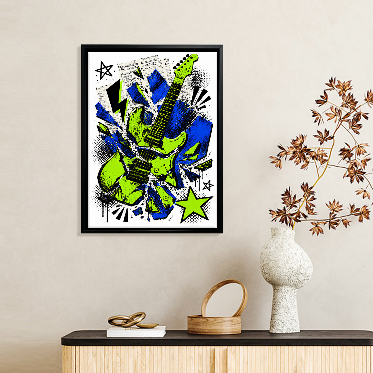 Framed Electric Guitar Art Print, Vibrant Blue and Green Design, Perfect Home Decor for Music Lovers