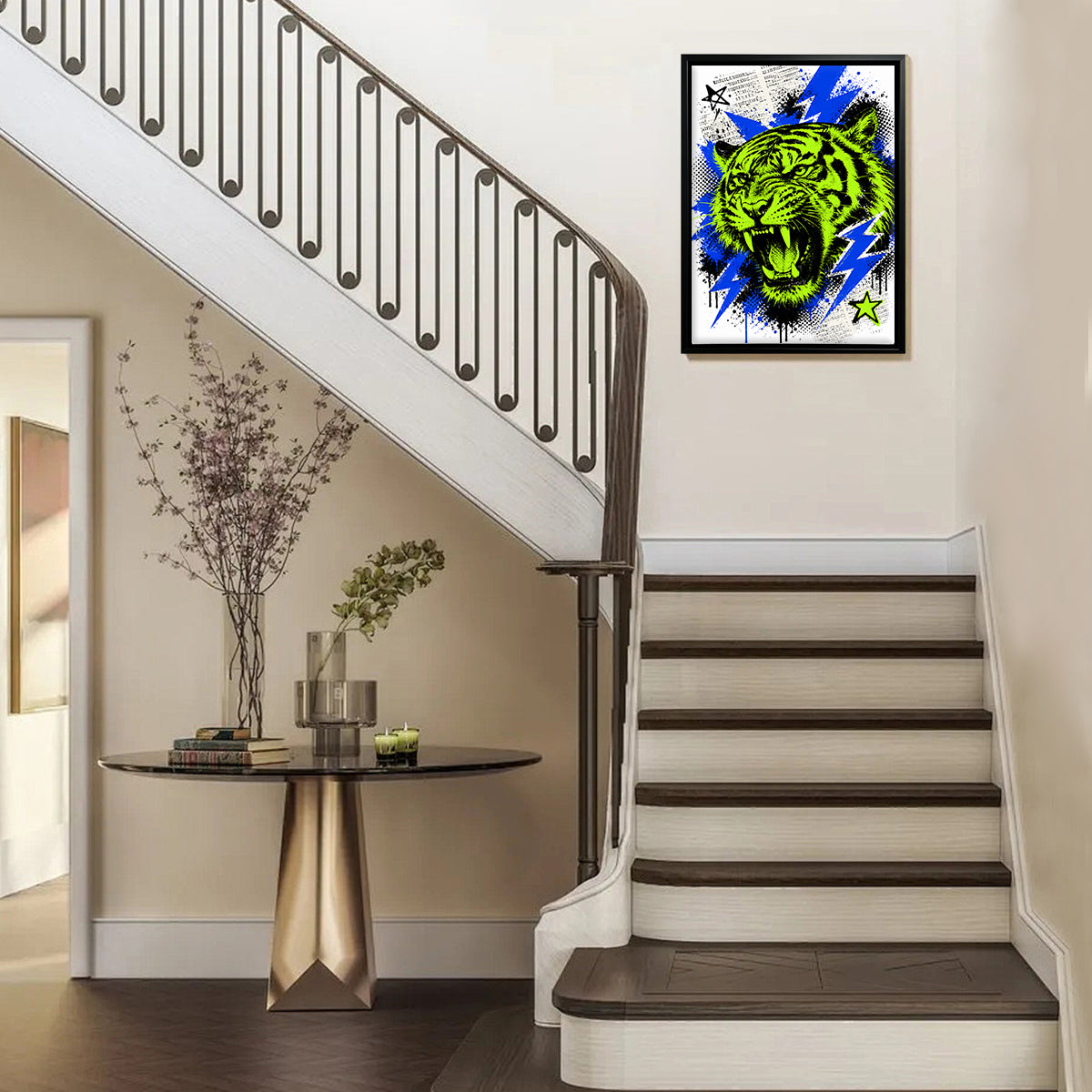 Framed Neon Tiger Art Print with Bold Blue Lightning, Vibrant Home Decor for Living Room or Staircase