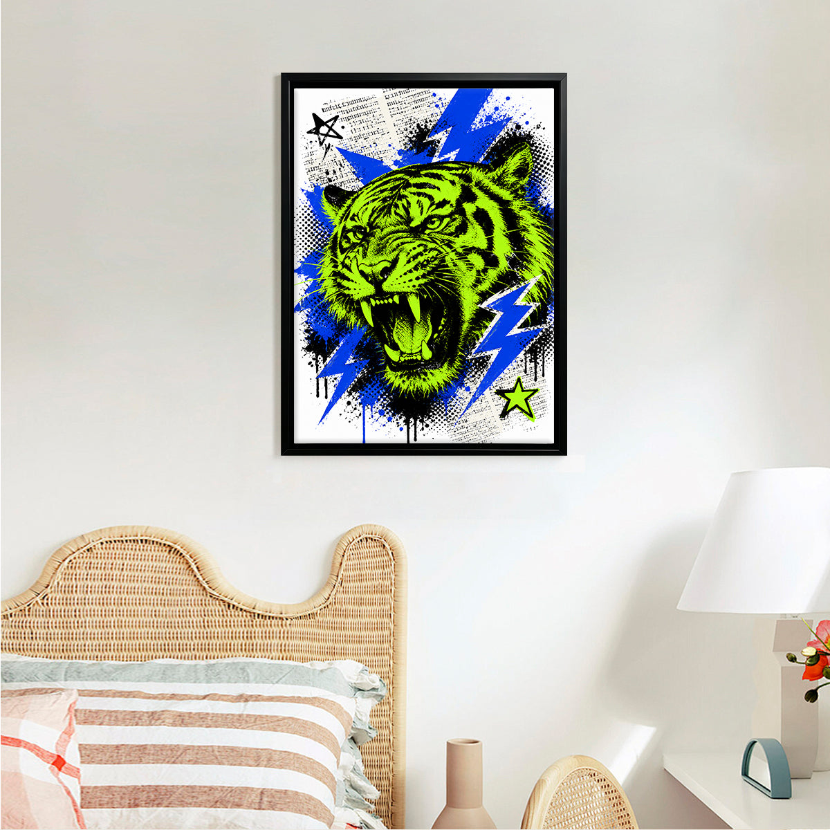 Framed Neon Tiger Art Print with Bold Blue Lightning, Vibrant Home Decor for Living Room or Staircase