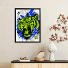 Framed Neon Tiger Art Print with Bold Blue Lightning, Vibrant Home Decor for Living Room or Staircase