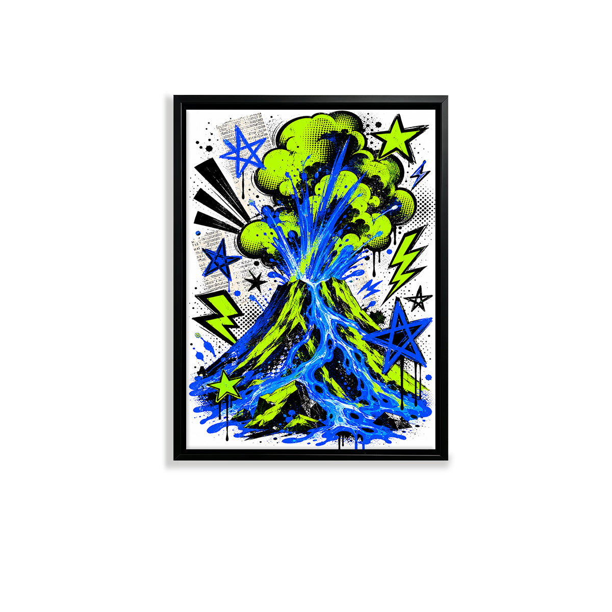 Framed Volcano Art Print with Vibrant Green and Blue Design, Comic Style, Perfect for Home Decor in Any Room