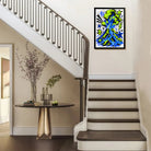 Framed Volcano Art Print with Vibrant Green and Blue Design, Comic Style, Perfect for Home Decor in Any Room