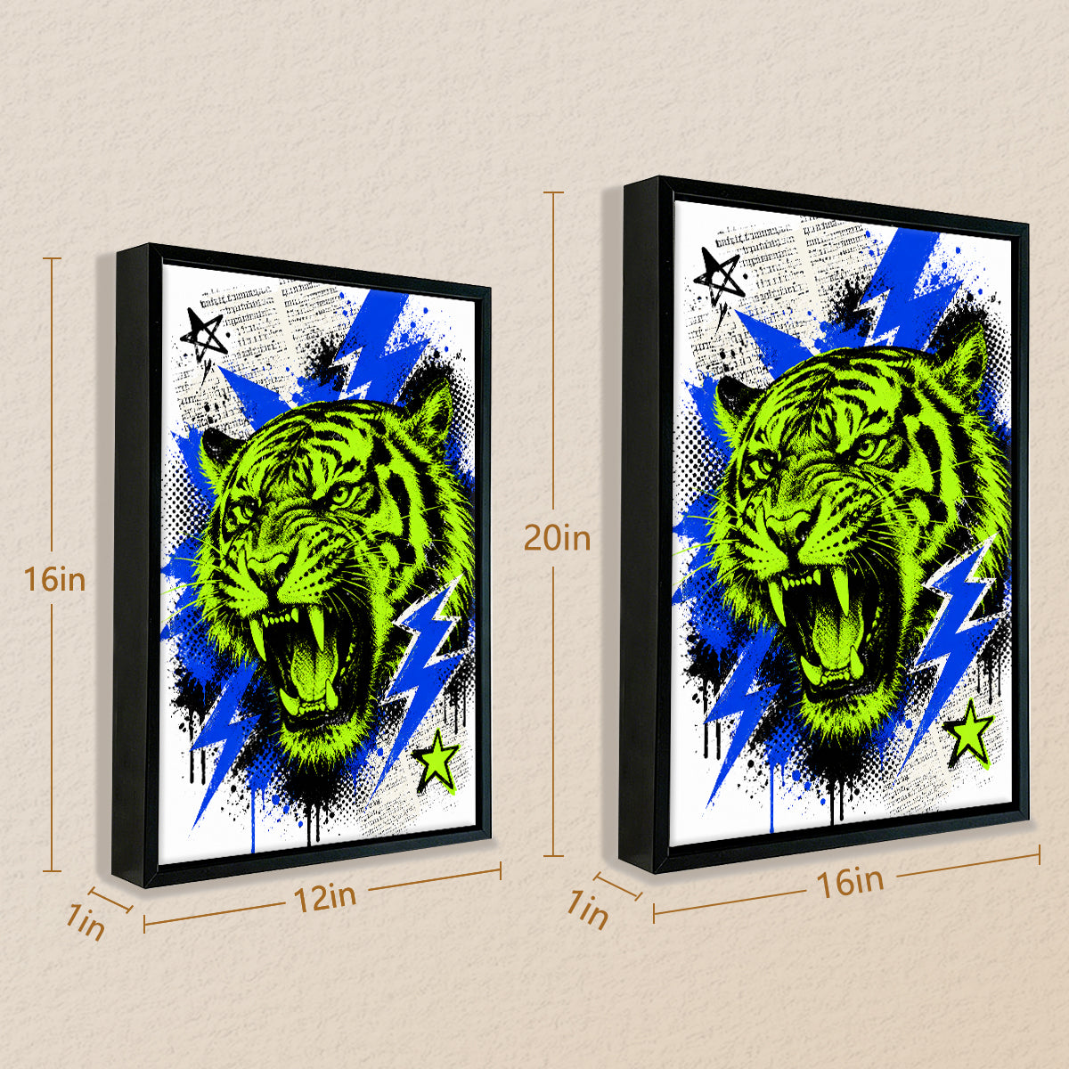 Framed Neon Tiger Art Print with Bold Blue Lightning, Vibrant Home Decor for Living Room or Staircase