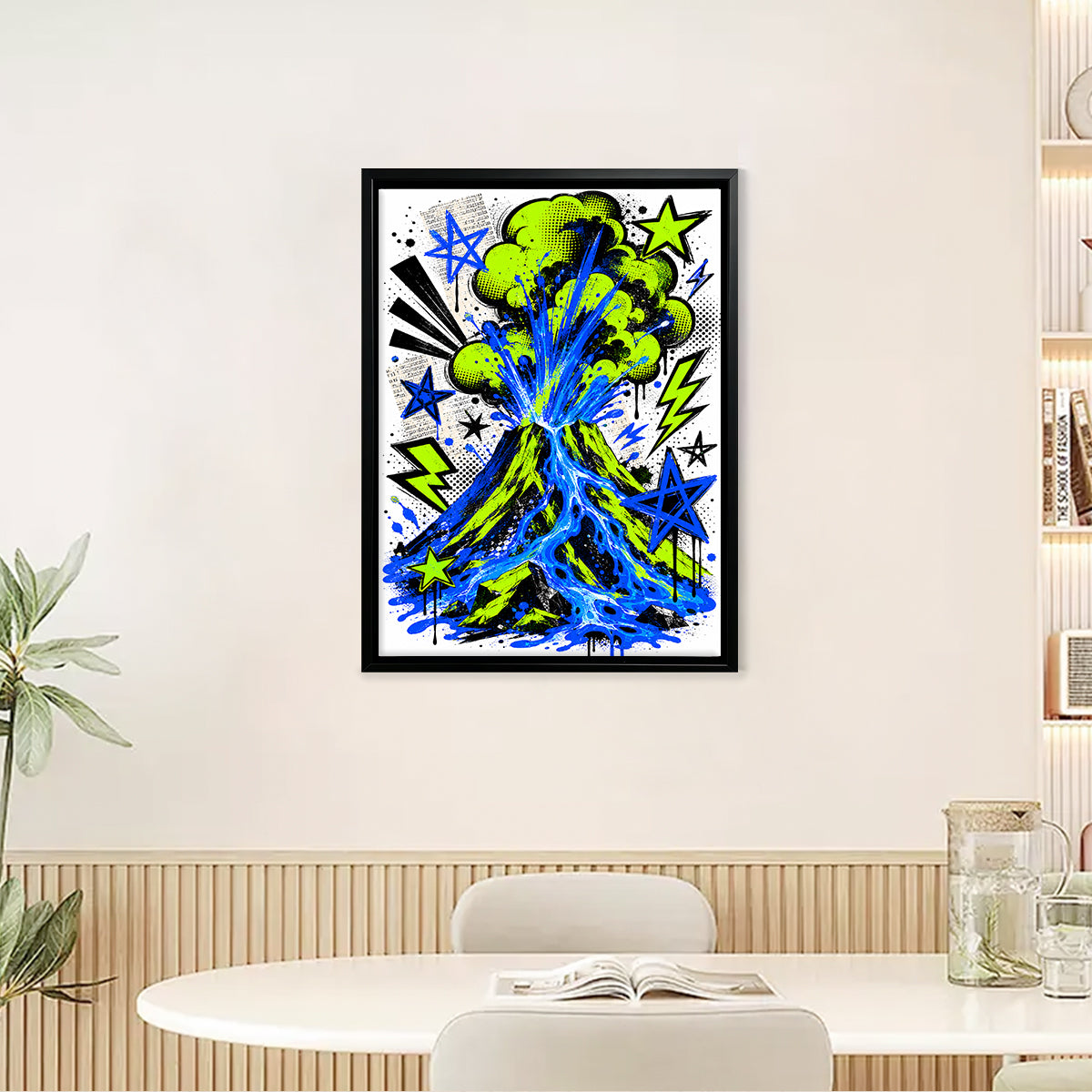 Framed Volcano Art Print with Vibrant Green and Blue Design, Comic Style, Perfect for Home Decor in Any Room