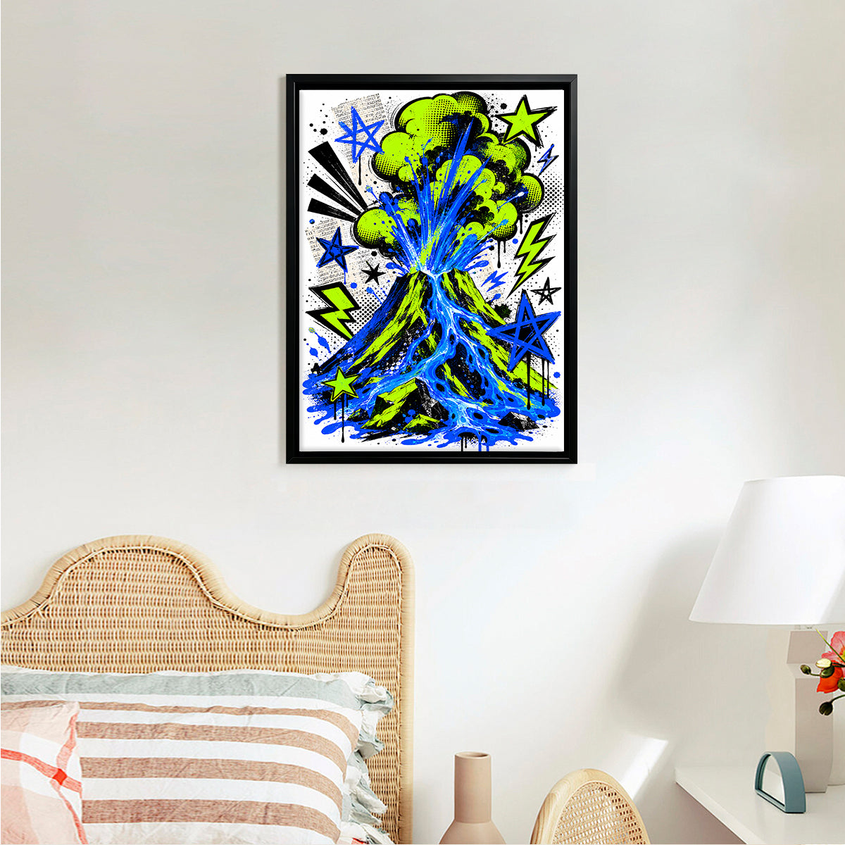Framed Volcano Art Print with Vibrant Green and Blue Design, Comic Style, Perfect for Home Decor in Any Room