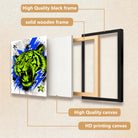 Framed Neon Tiger Art Print with Bold Blue Lightning, Vibrant Home Decor for Living Room or Staircase