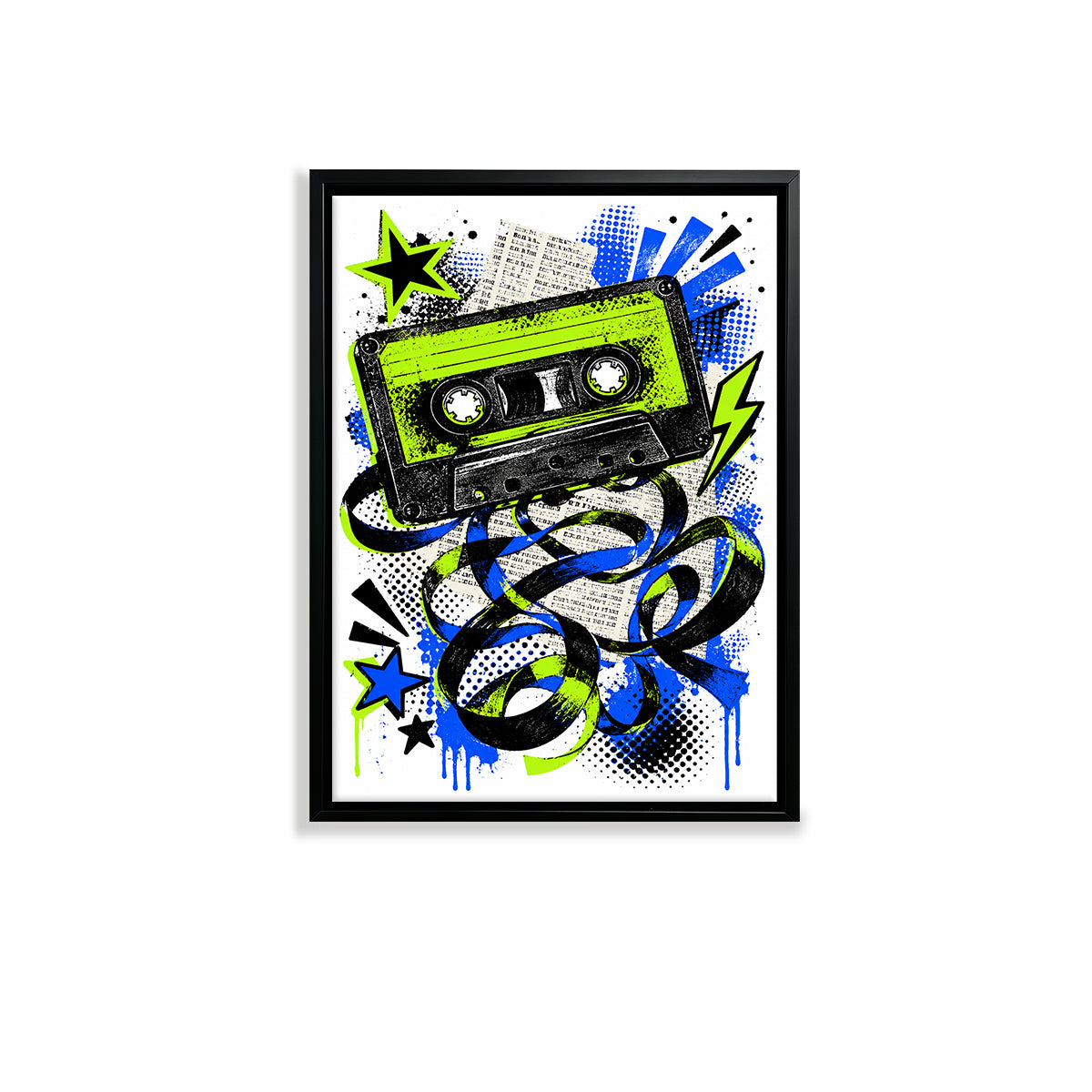 Framed Retro Cassette Tape Art Print with Vibrant Blue and Green Design, Perfect for Home Decor in Any Room