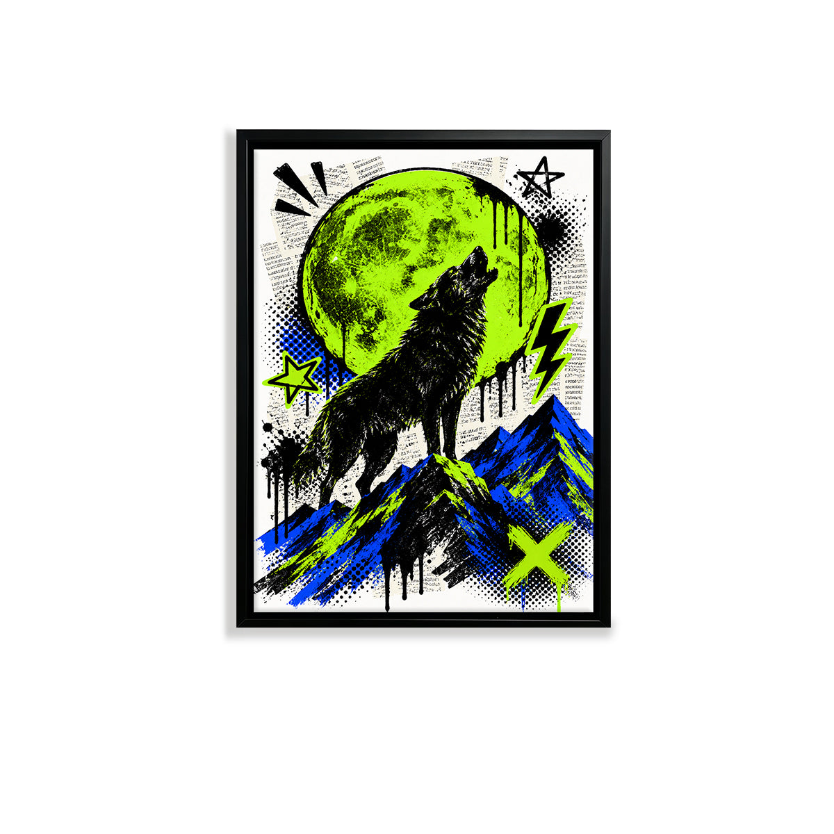 Framed Wolf Howling at Moon Art Print, Vibrant Neon Green and Blue Design, Perfect Home Decor for Any Room