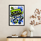 Framed Retro Cassette Tape Art Print with Vibrant Blue and Green Design, Perfect for Home Decor in Any Room
