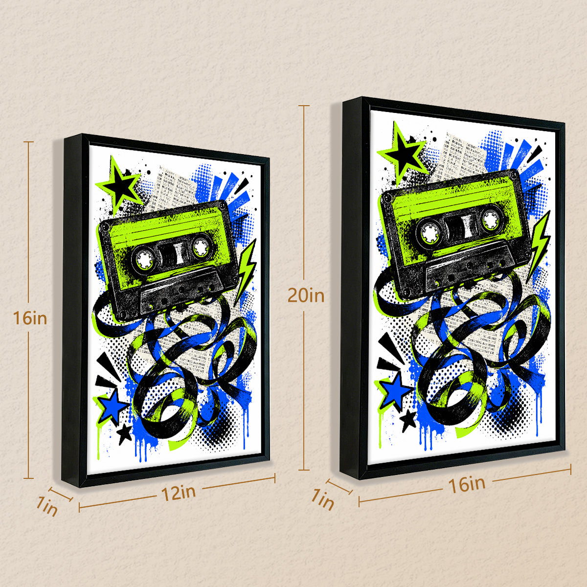 Framed Retro Cassette Tape Art Print with Vibrant Blue and Green Design, Perfect for Home Decor in Any Room