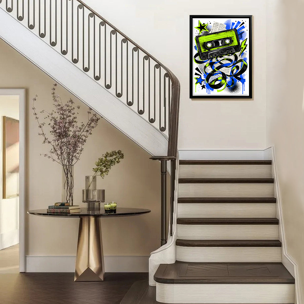 Framed Retro Cassette Tape Art Print with Vibrant Blue and Green Design, Perfect for Home Decor in Any Room