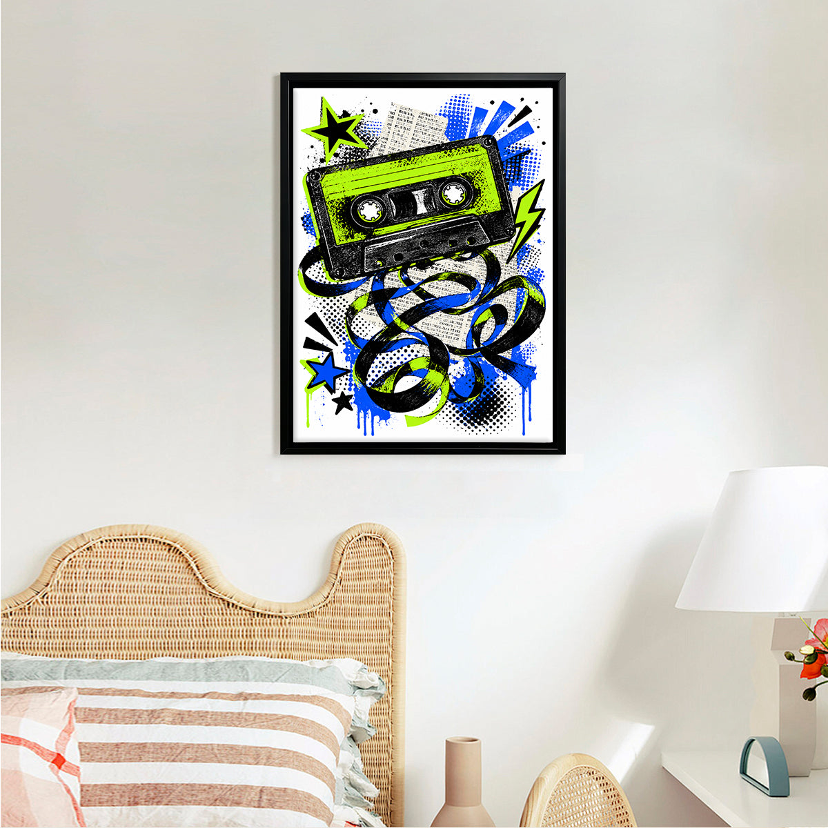 Framed Retro Cassette Tape Art Print with Vibrant Blue and Green Design, Perfect for Home Decor in Any Room