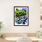 Framed Retro Cassette Tape Art Print with Vibrant Blue and Green Design, Perfect for Home Decor in Any Room