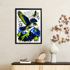 Framed Blue and Green Hawk Art Print, Vibrant Mountain Landscape Design, Perfect Home Decor for Any Room
