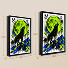 Framed Wolf Howling at Moon Art Print, Vibrant Neon Green and Blue Design, Perfect Home Decor for Any Room