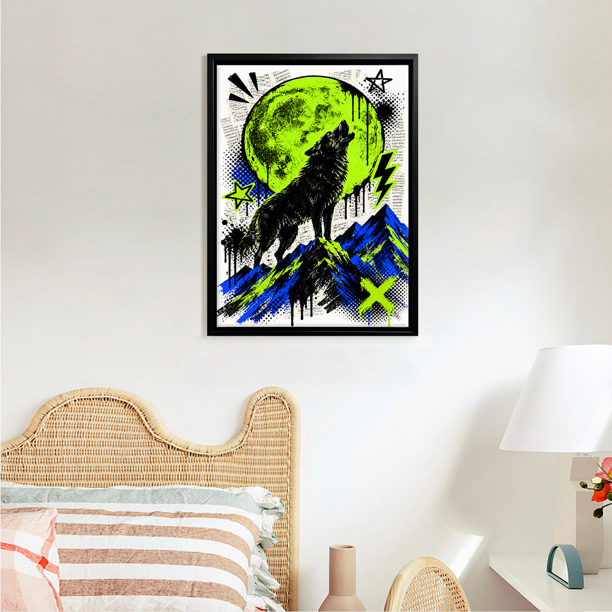 Framed Wolf Howling at Moon Art Print, Vibrant Neon Green and Blue Design, Perfect Home Decor for Any Room