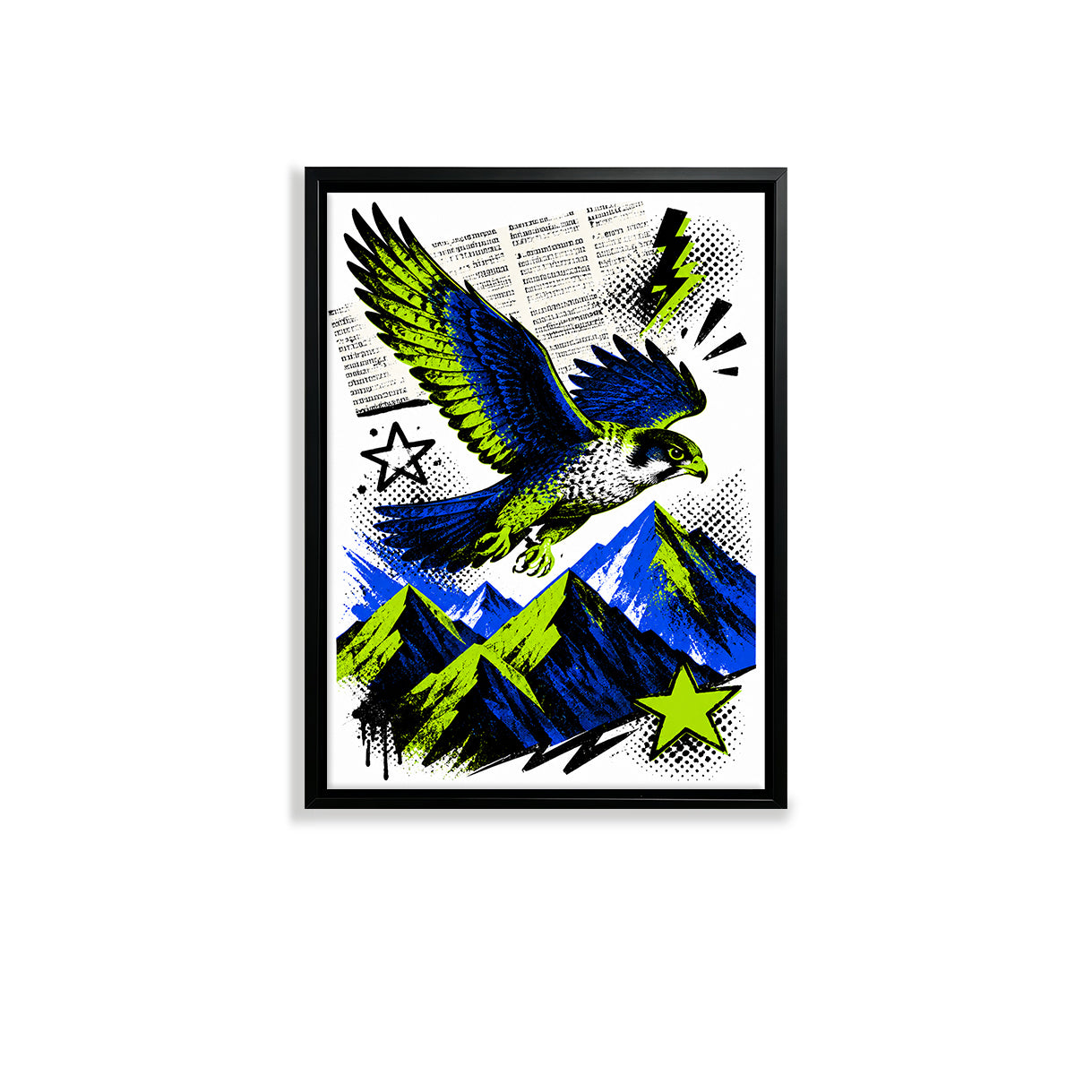 Framed Blue and Green Hawk Art Print, Vibrant Mountain Landscape Design, Perfect Home Decor for Any Room